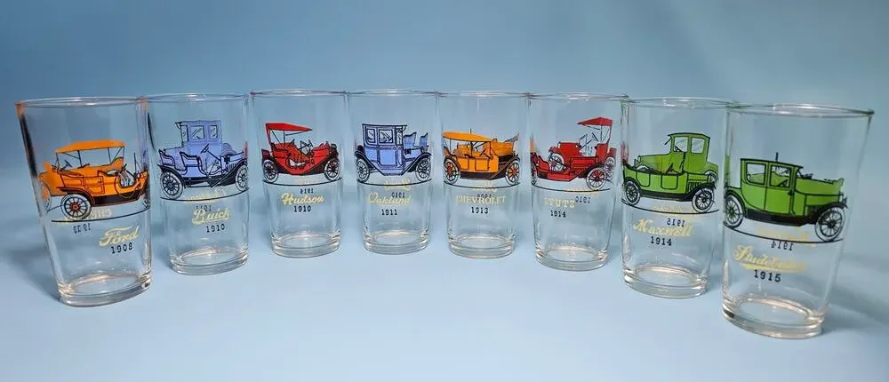 Vintage Hazel Atlas Antique Car Tumbler Glasses Set 8 Original Box MCM Barware